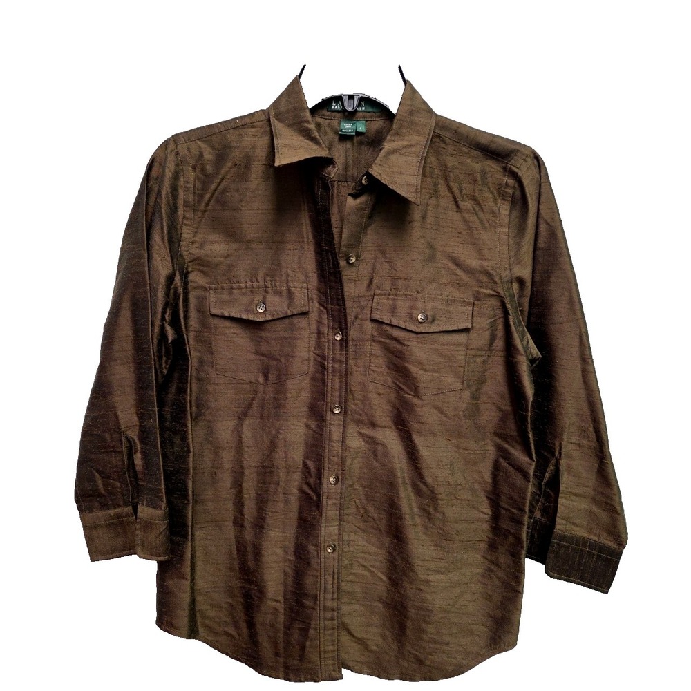 Ralph‎ Lauren Olive Green 100% Silk Dupioni Button Up Shirt Pockets Size 4